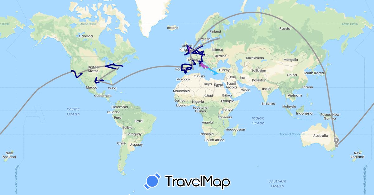 TravelMap itinerary: driving, bus, plane, train, boat in Andorra, Australia, Canada, Czech Republic, Germany, Spain, France, United Kingdom, Greece, Italy, Japan, Mexico, Netherlands, Portugal, Russia, San Marino, United States (Asia, Europe, North America, Oceania)